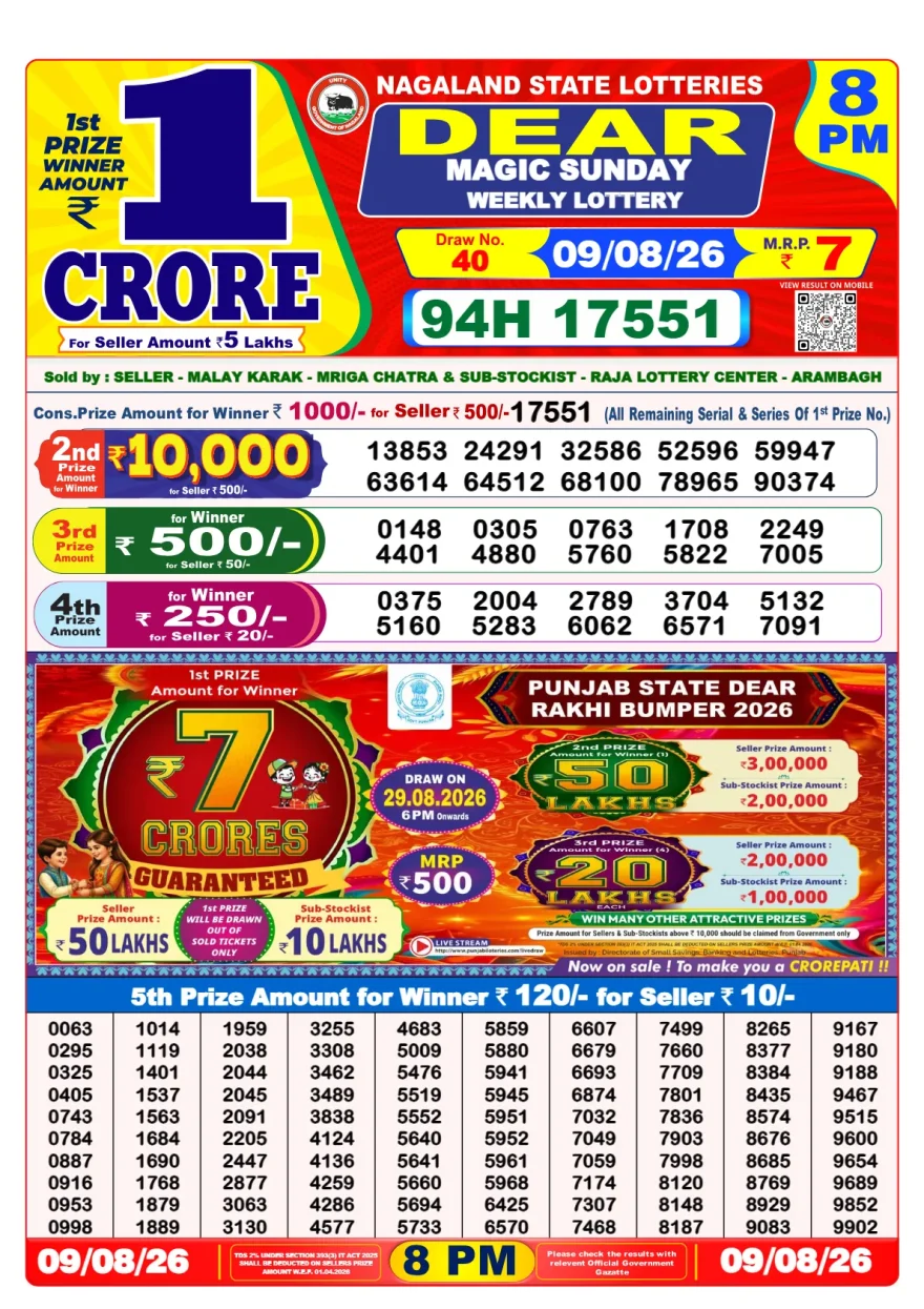 Lottery Sambad 8 PM Result Today 9 August – 09 08 26 Dear Night