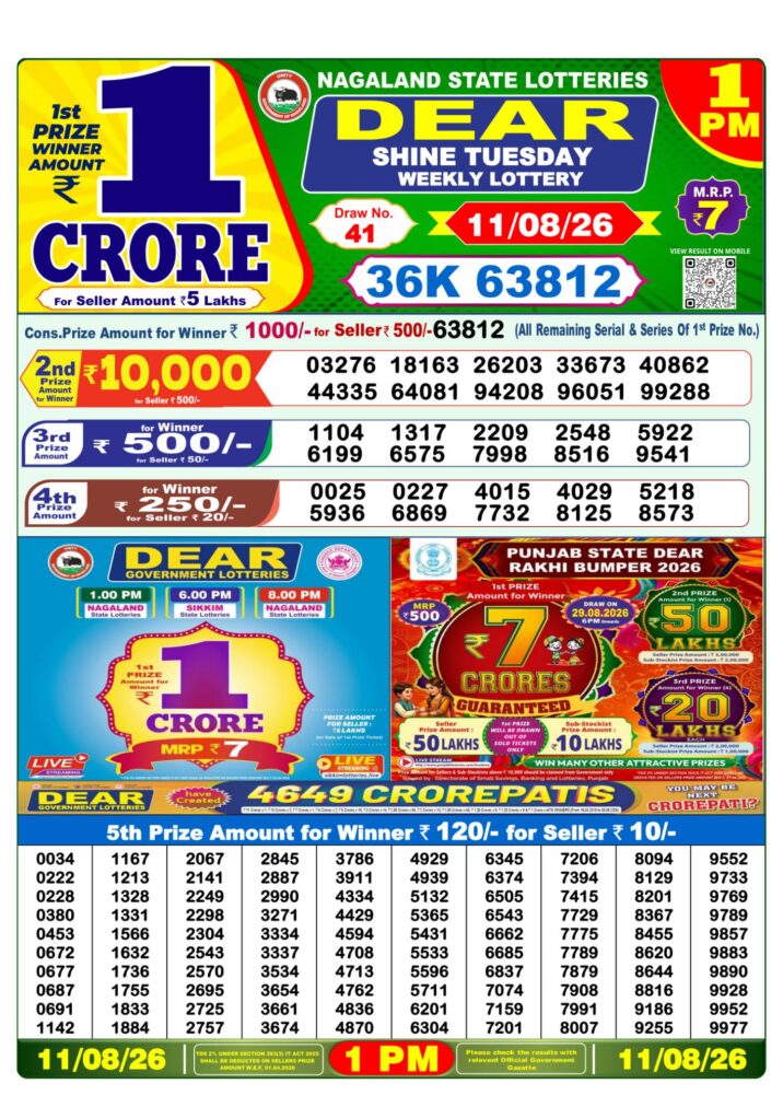 Lottery Sambad 1 PM Result 11 August 11 08 26 – Dear Morning