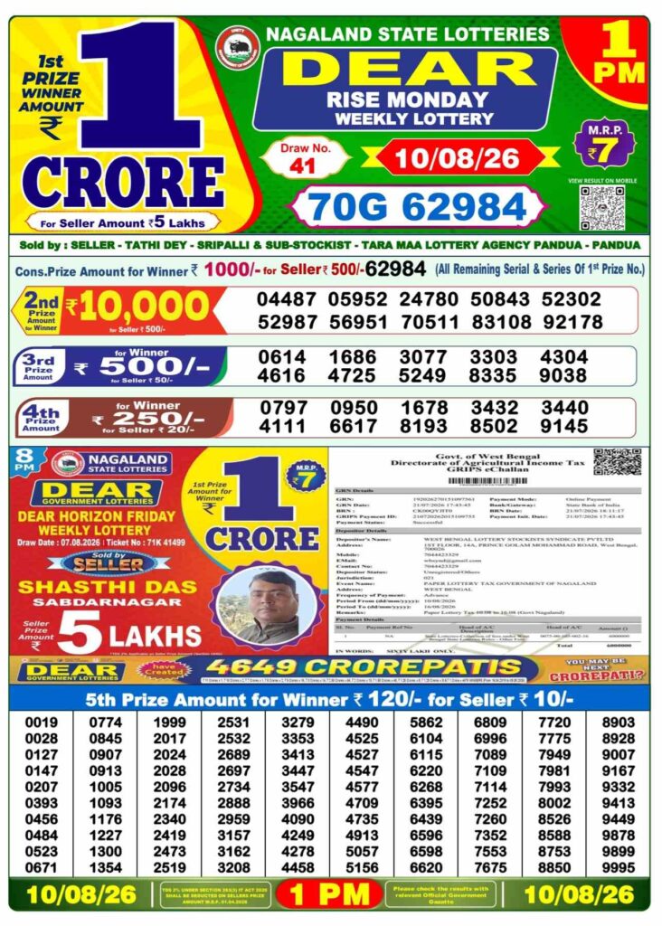 Lottery Sambad 1 PM Result 10 August 10 08 26 – Dear Morning